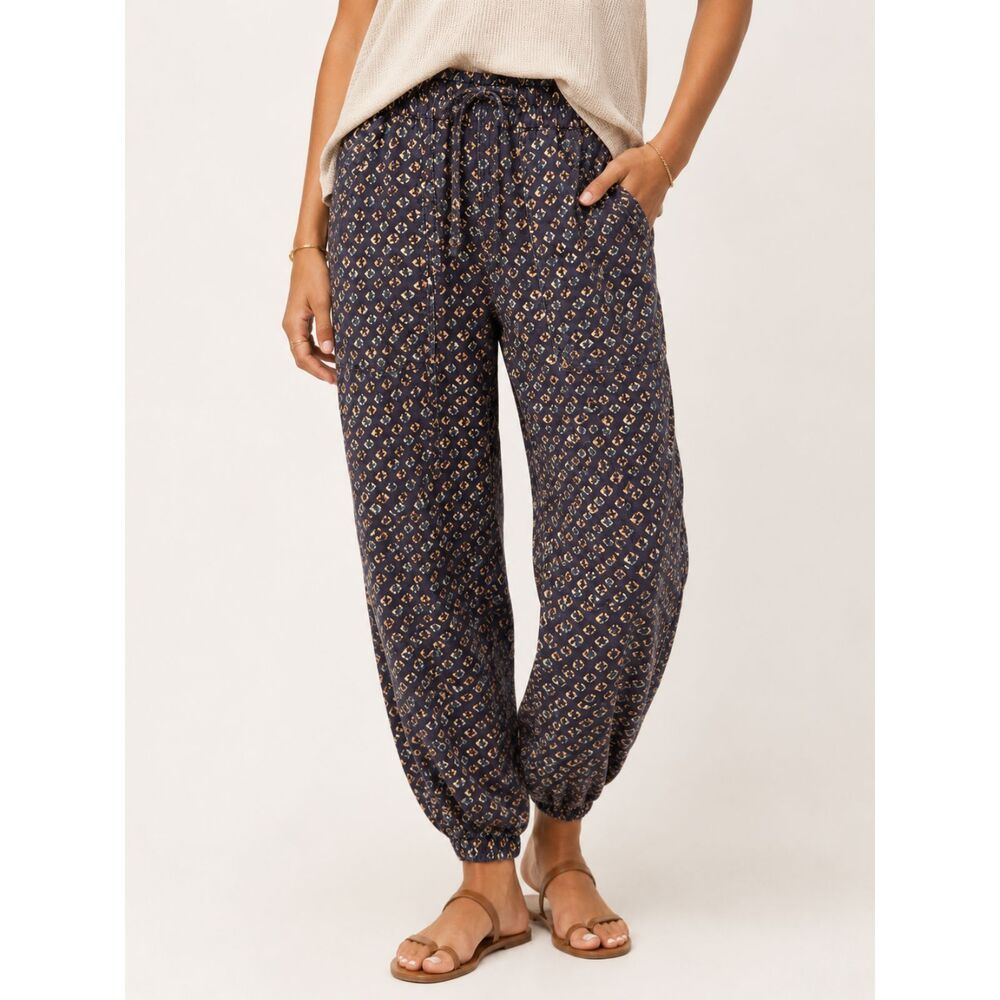 NWT Anthropologie Linen Blend Boho Jogger Pants Purple Print S Paperbag Waist